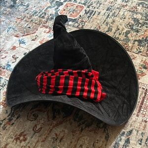 Black Witch Hat with Red Striped Stockings